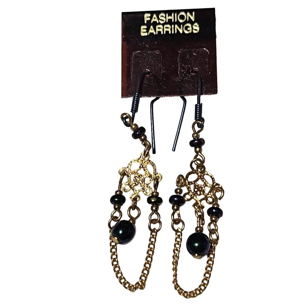 Fashion Earrings Elegant Filigree Dangle Navy Blue Beads Gold Tone Chain Dangle